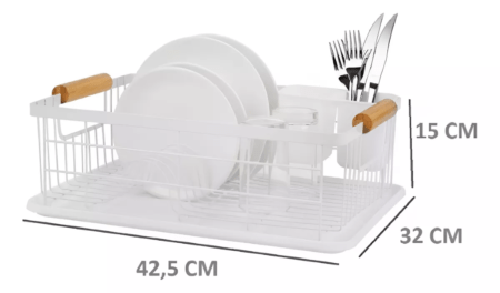 Secaplatos Hierro Blanco Bandeja Plastica Asas De Madera - Imagen 2